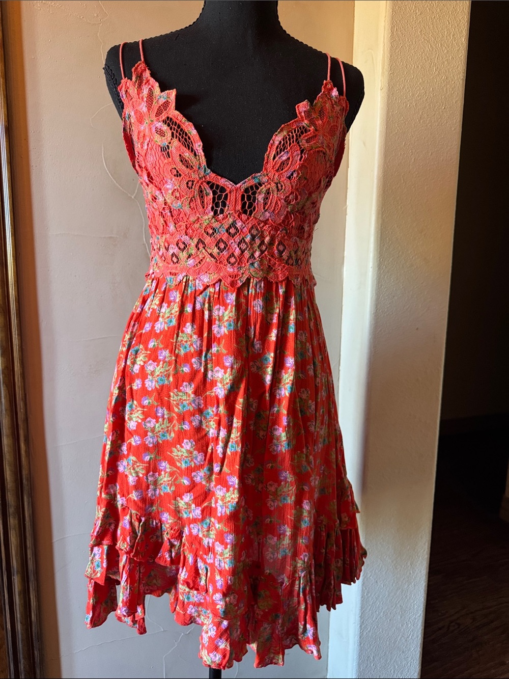 Free People Coral Red Floral Lace-Trim Mini Dress